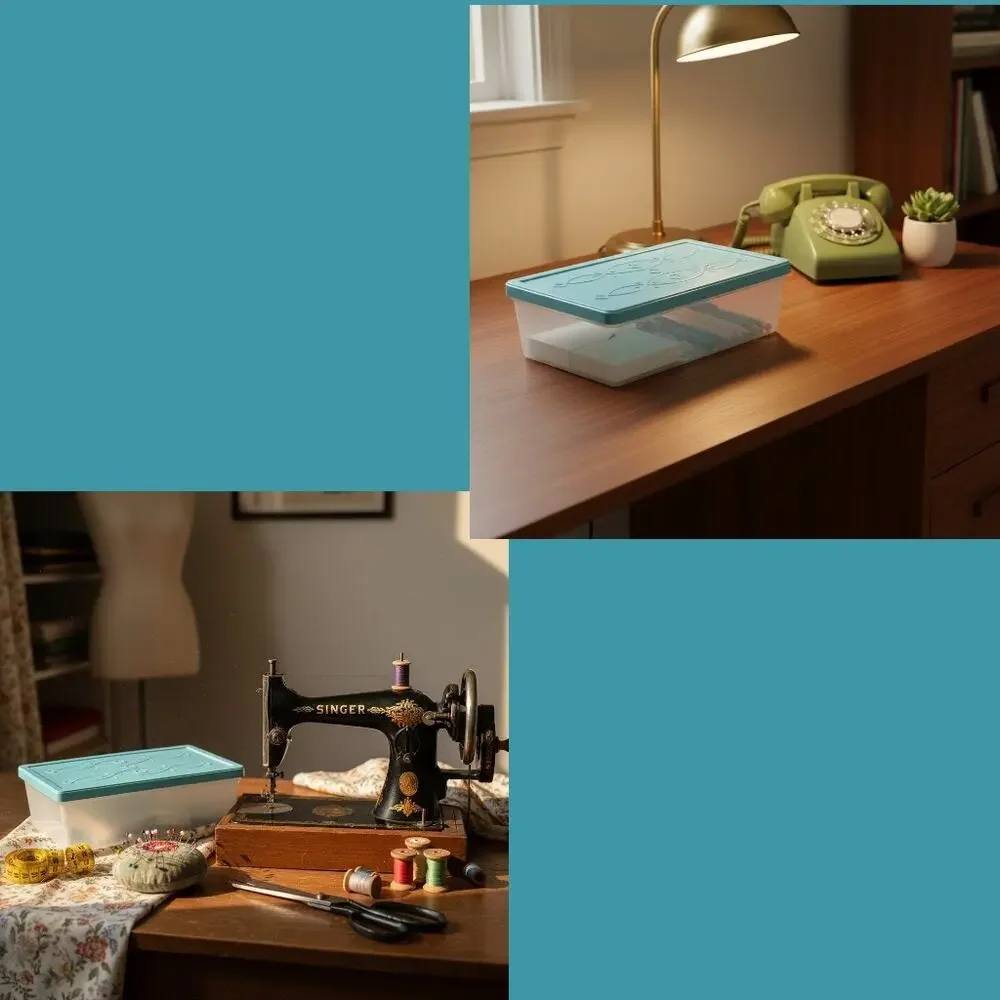 Vintage Mid Century Plastic Storage Box-Teal Lid-Organizer-Sewing-Craft-Kitchen